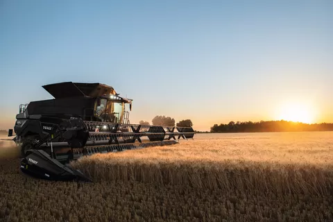 Feld Ideal 10T Mähdrescher beim Drusch eines Feldes bei untergehender Sonne