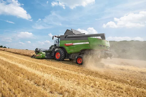 Fendt C-Serie Mähdrescher von hinten beim Drusch eines Weizenfeldes