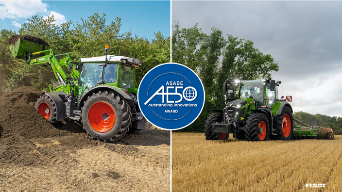 Zwei Bilder von jeweils einem Fendt 200 Vario mit Frontlader und einem Fendt 600 Vario im Feldeinsatz, davor das Logo des renommierten US-Awards AE50