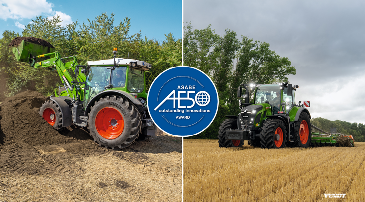 Zwei Bilder von jeweils einem Fendt 200 Vario mit Frontlader und einem Fendt 600 Vario im Feldeinsatz, davor das Logo des renommierten US-Awards AE50