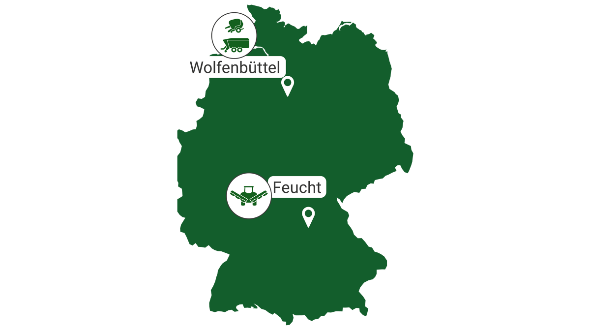 Deutschlandkarte, auf denen die beiden Produktionsstandorte Feucht und Wolfenbüttel eingetragen sind.