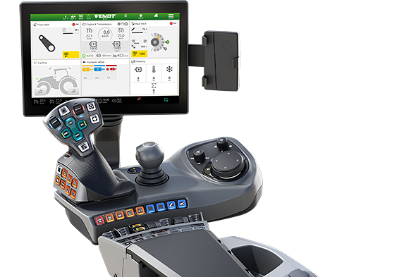 Ansicht einer Armlehne mit Bedienelementen und Bildschirm zum FendtONE Fahrerarbeitsplatz