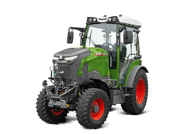 Freigestelltes Schaubild eines Fendt e100 V Vario mit grüner Nature Green Lackierung und roten Felgen