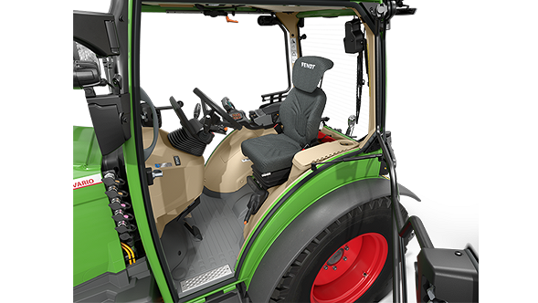 Freigestelltes Schaubild in die geräumige Komfortkabine eines Fendt e100 V Vario