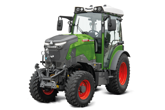 Freigestelltes CGI Bild eines grün lackierten Fendt e100 V Vario mit roten Felgen