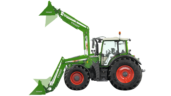 Fendt 700 Vario Gen6 mit Frontlader auf weißem Hintergrund.