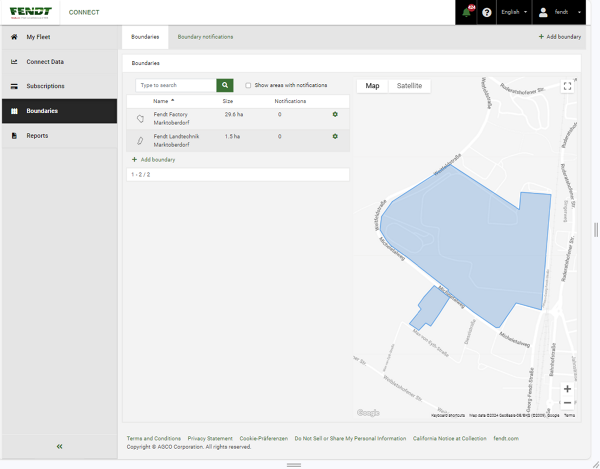 Bildausschnitt aus Fendt Connect mit einer Kartenansicht zu Grenzbenachrichtigungen