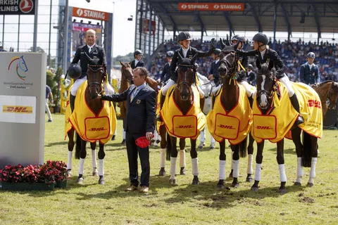 Michael Jung, Sandra Auffarth, Josefa Sommer and Ingrid Klimke at the medal ceremony.