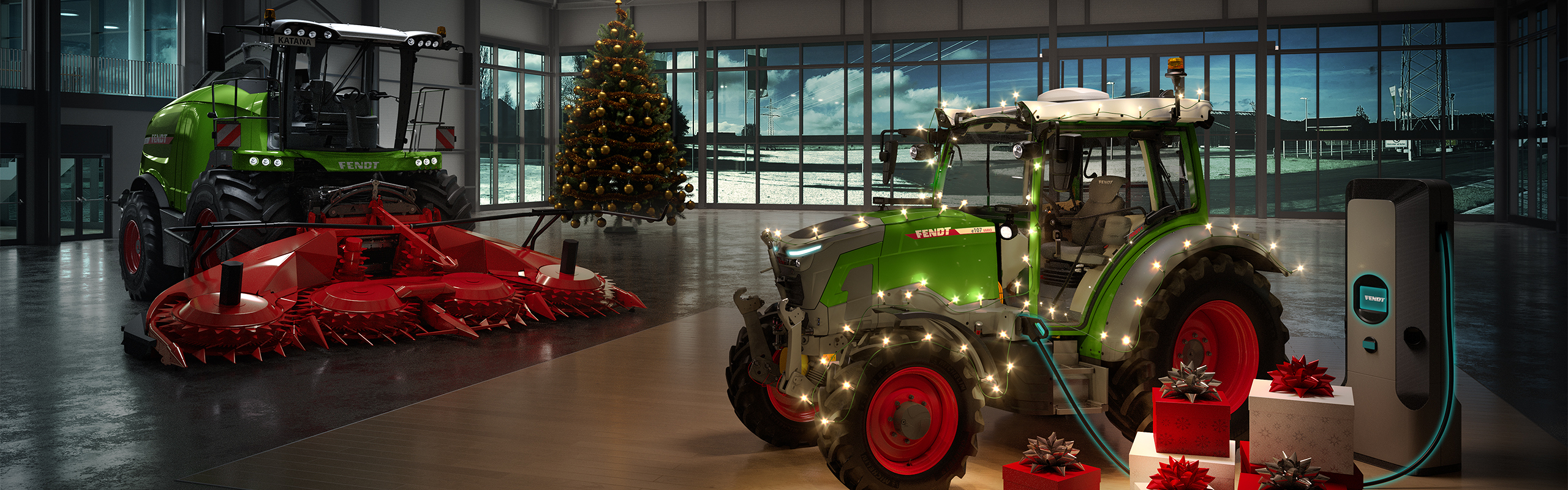 Vista do Fórum Fendt em Marktoberdorf com trator decorado festivamente, colheitadeira de forragem e árvore de Natal