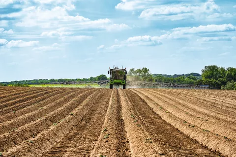 Vorderansicht des Fendt Rogator 600 Selbstfahrers beim besprühen eines Feldes