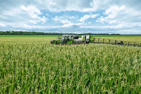 Nahansicht Fendt Rogator 900 beim spritzen von einem Maisfeld