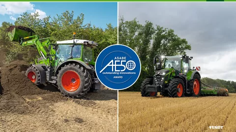 Zwei Bilder von jeweils einem Fendt 200 Vario mit Frontlader und einem Fendt 600 Vario im Feldeinsatz, davor das Logo des renommierten US-Awards AE50