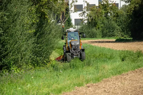 Ein Fendt e107 V Vario in kommunal-orange mäht mit einem Heckmähwerk den Grünstreifen zwischen einem Gebüsch und einem Feld, im Hintergrund ein weißes Haus mit vielen Fenstern