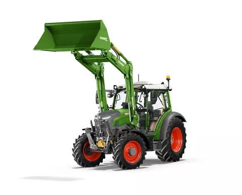 Freigestellter Fendt e107 Vario mit hochgefahrenem Frontlader