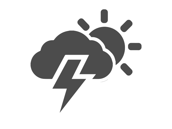 Ein dunkelgraues Symbol auf weißem Hintergrund, das aus einer Sonne mit einer Wolke und einem Blitz davor besteht.