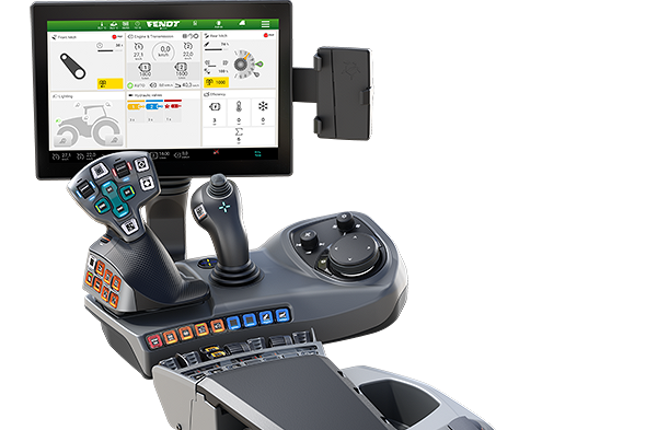 Ansicht einer Armlehne mit Bedienelementen, einem Joystick und Bildschirm zum FendtONE Fahrerarbeitsplatz