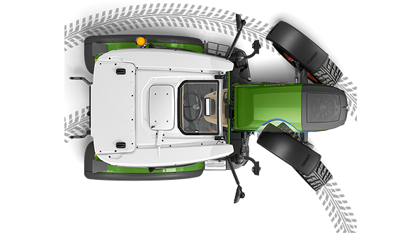 Draufsicht auf einen Fendt e100 Vario zur Verdeutlichung seiner unglaublichen Wendigkeit dank Wespentaille