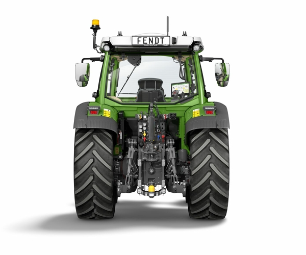 Rückansicht des Fendt e100 Vario mit den bewährten Anbauräumen