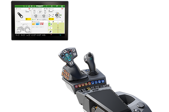 Ansicht einer Armlehne, 3L Joystick und Bildschirm inklusive Smart Farming Basispaketen für FendtONE Fahrerarbeitsplatz