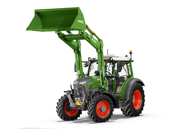 Freigestellter Fendt e107 Vario mit hochgefahrenem Frontlader