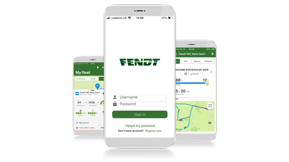 Darstellung von 3 Mobilgeräten mit geöffneter Fendt Connect-App