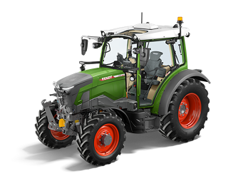 Der elektrische Standardtraktor Fendt e100 Vario in grüne Lackierung mit roten Felgen