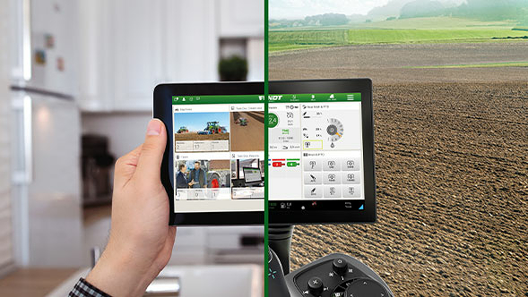 Delt skærm: På venstre skærm holder en hånd en tablet med FendtONE offboard system, og til højre armlænet med terminalen i en traktor.