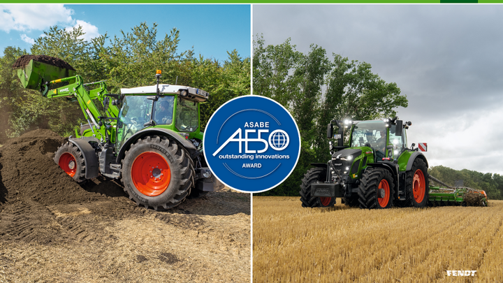 Vasakul sõidab Fendt 200 Vario ja paremal Fendt 600 Vario. Keskele on paigutatud AE50 Award logo.