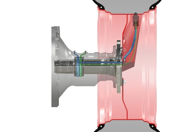 Primer plano lateral del sistema de regulación de presión de los neumáticos Fendt VarioGrip.