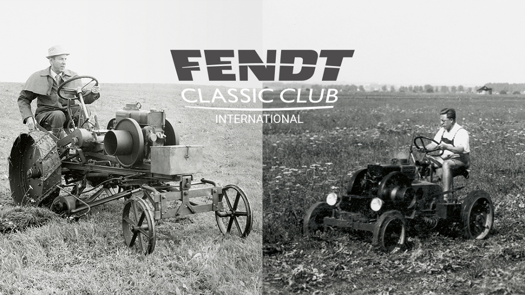 Foto histórica con dos tractores Fendt Dieselross trabajando en el campo delante del logotipo de FCCI