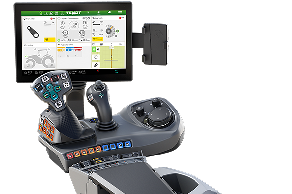 Vista de un reposabrazos, joystick - 3L y pantalla, incluyendo los paquetes básicos de Smart Farming para el puesto de conducción FendtONE