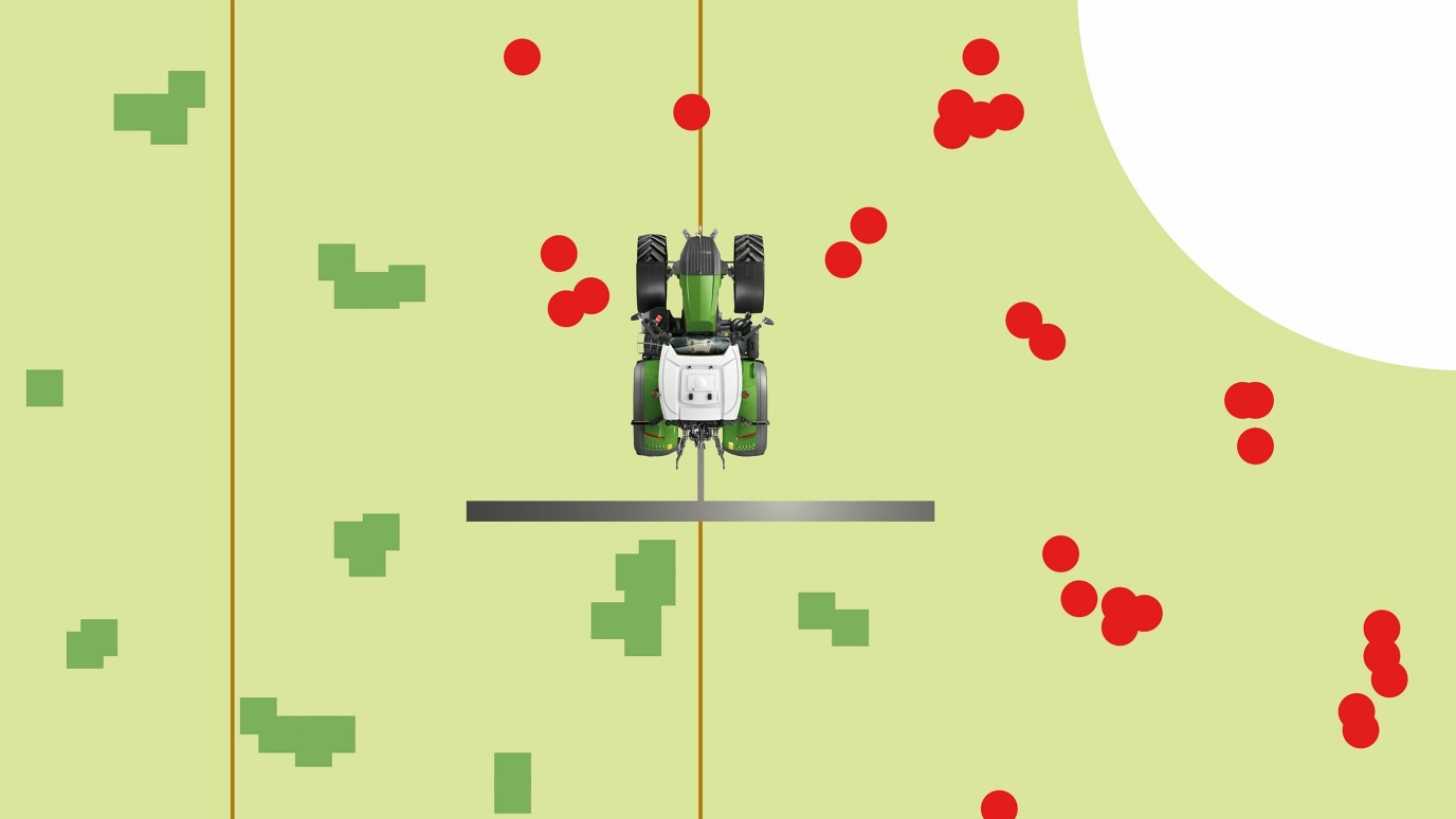 Vista cenital gráfica en un tractor con mapa de SpotSpraying