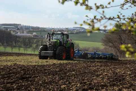 Fendt 900 Vario ajaa pellon yli auran kanssa.