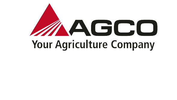 À gauche, un triangle rouge avec deux 4 traits blancs parallèles, à côté AGCO en majuscules et en dessous, Your Agricultural Company.