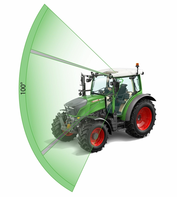 Représentation graphique du Fendt 200 Vario avec une vue d'ensemble de 100 degrés. La visualisation est réalisée avec un champ de vision vert de 100 degrés depuis la cabine confort Fendt.