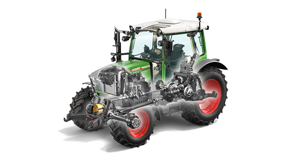 Fendt 200 Vario détaché : la suspension mécanique de la cabine, les relevages avant et arrière et l'essieu avant sont mis en évidence par différentes couleurs