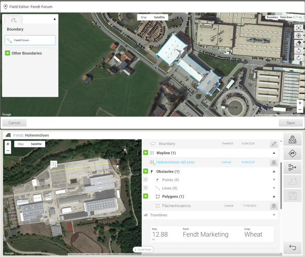 Vue de FendtONE pour la gestion des limites de champ, des obstacles et des lignes de guidage