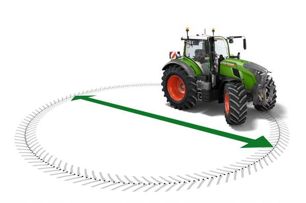 A Fendt 700 Vario Gen7 traktor vágánykörének illusztrációja.