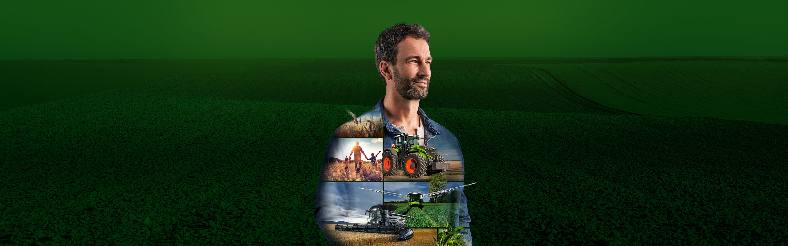 Egy gazda áll a zöld háttér előtt, és motiváltan tekint a jövőbe. Fendt termékeket ábrázolnak a tetején.