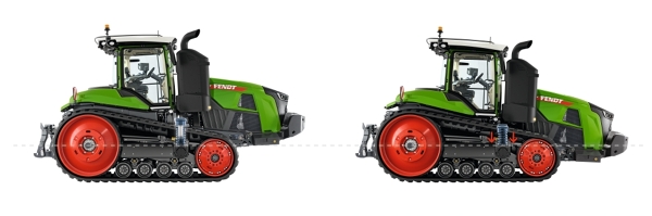Két Fendt 1100 Vario MT traktor látható egymás mellett, a jobb oldali traktor kissé előrebillentve, hogy a futóműrugózás működését bemutassa.