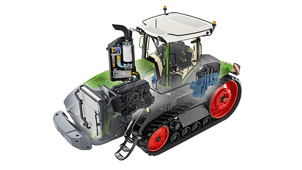 A Fendt 1100 Vario MT traktor keresztmetszete berajzolt MAN hathengeres soros motorral.