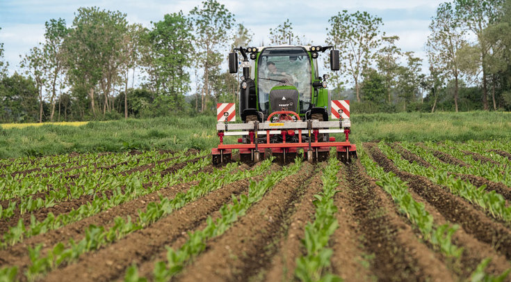 Fendt 300 Vario at work with service wheels in special crops.