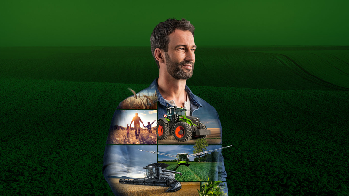 A farmer standing in front of a green background and looking to the future with motivation. Fendt products are depicted on his shirt.