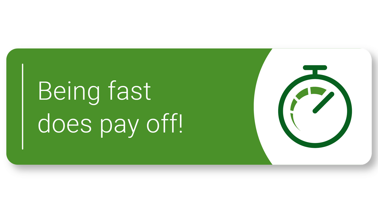 Green banner with a stopwatch symbol and the text ‘Being fast does pay off!'