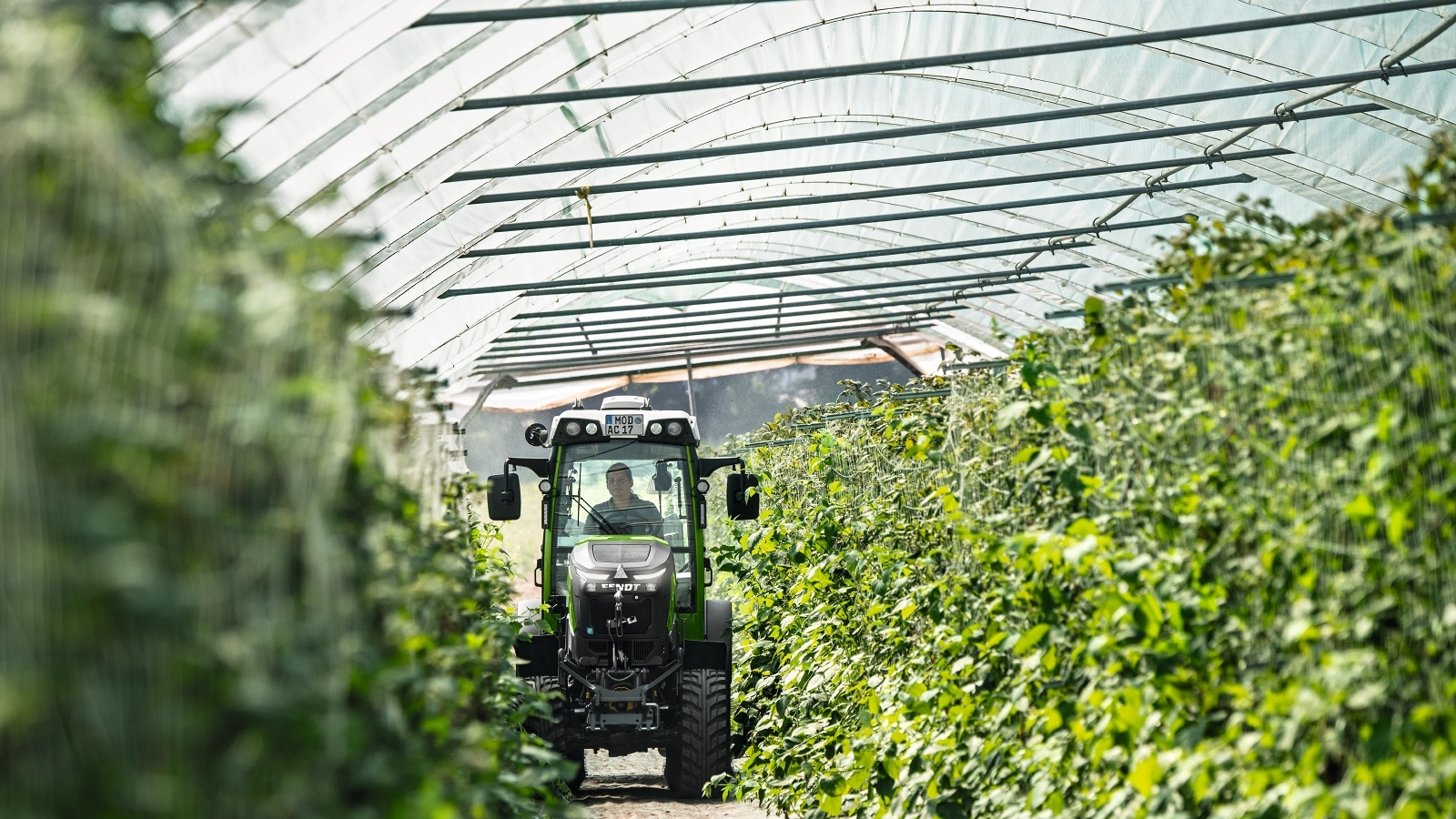 The Fendt e100 V Vario driving in a greenhouse