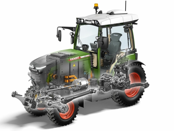 CGI image with insight into the efficient drive system of the Fendt e100 V Vario