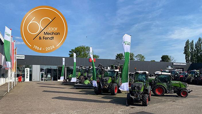 Picture of the Mechan distribution centre in Achterveld with Fendt tractors and flags in the yard, top left the 60 years Mechan Fendt anniversary logo