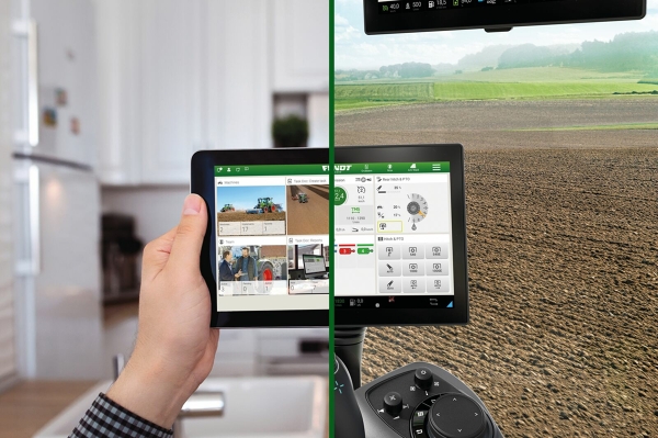 Two-part display of FendtONE with offboard in the office and onboard on the tractor cab in the field