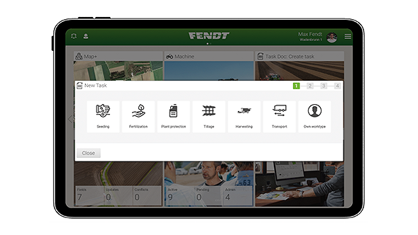 Tablet screen view of task management and field data exchange with Fendt
