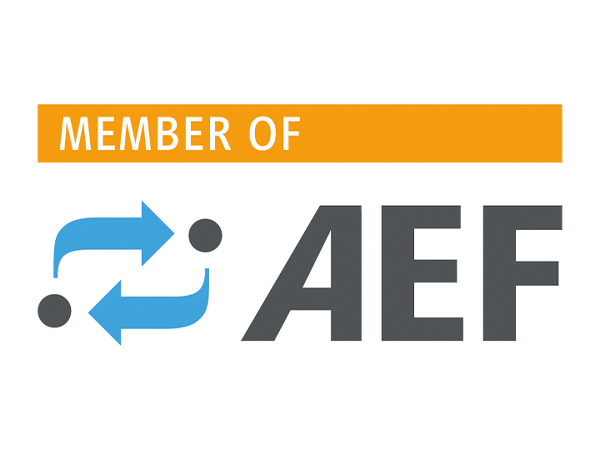 The AEF logo in a square shape in the colours blue, orange and grey